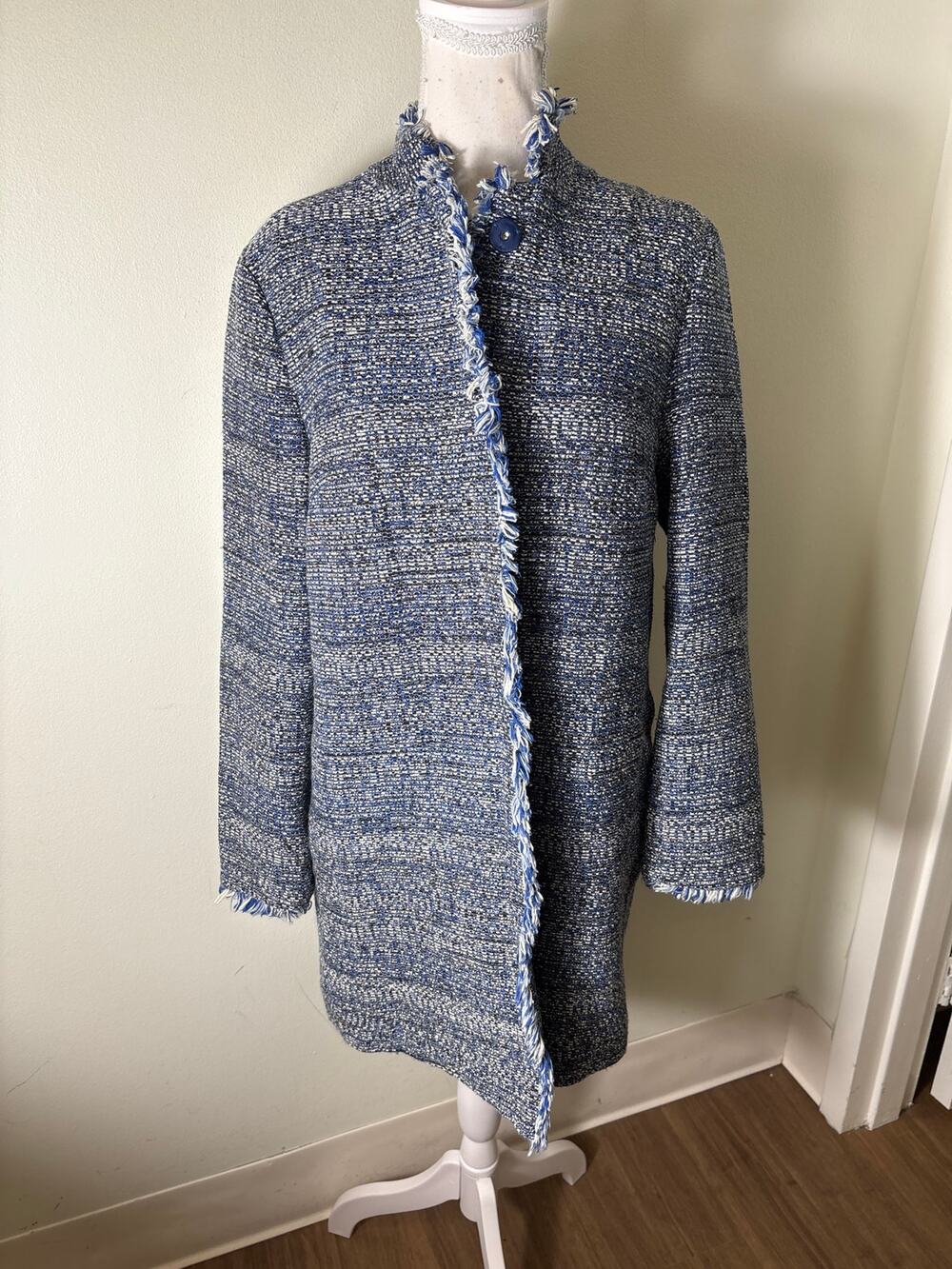 J.McLaughlin Blue and White Tween Fringed Coat Sz M